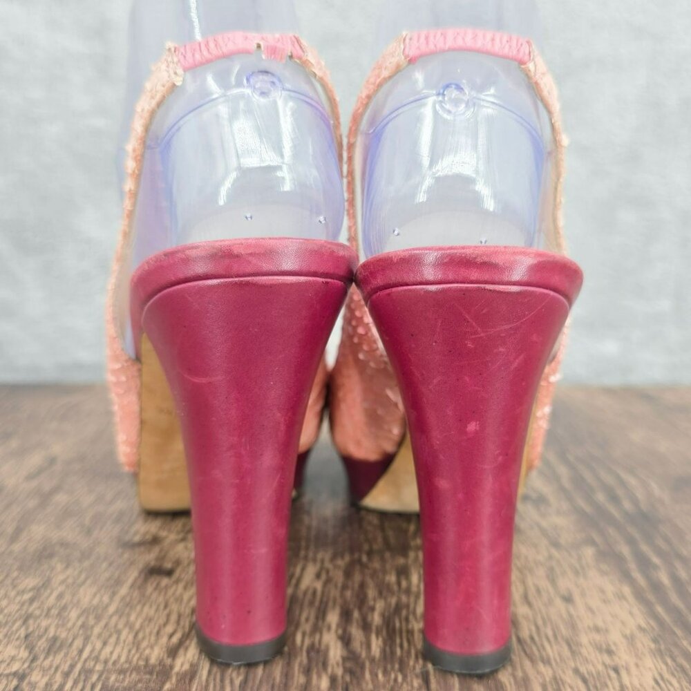 Kate Spade New York Slingback Peep Toe Heels 8.5 B Pink Red Leather Fur Scaled - Picture 7 of 16